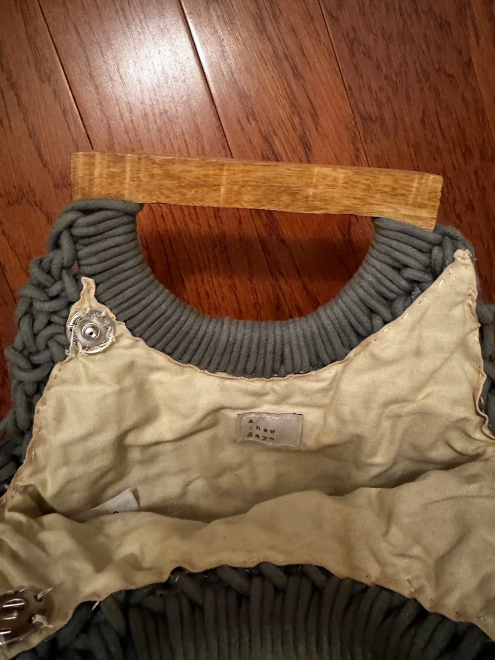 a new day Gray Handwoven Crochet Round Clutch with Wooden Handles